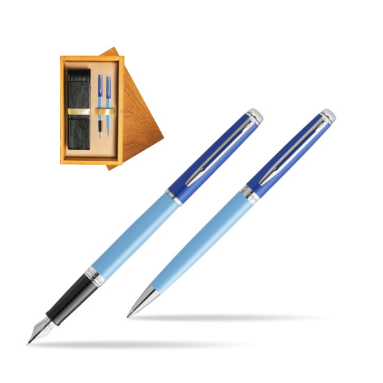 Waterman Penna Stilografica + Penna a Sfera HÉMISPHÈRE COLOR-BLOCK BLUE in double wooden box Honey Double Ecru