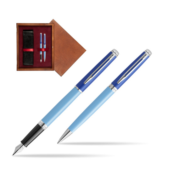Waterman Penna Stilografica + Penna a Sfera HÉMISPHÈRE COLOR-BLOCK BLUE in double wooden box Mahogany Double Maroon