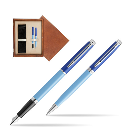 Waterman Penna Stilografica + Penna a Sfera HÉMISPHÈRE COLOR-BLOCK BLUE in double wooden box Mahogany Double Ecru