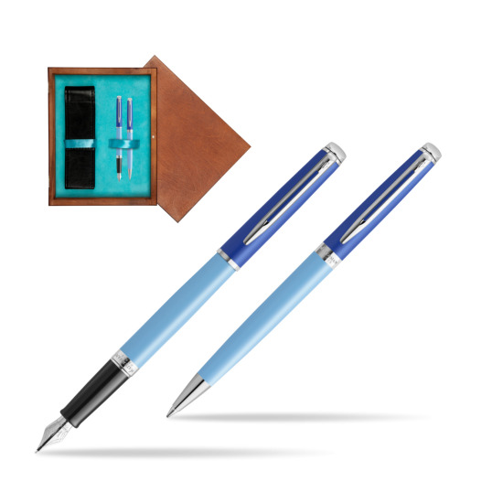 Waterman Penna Stilografica + Penna a Sfera HÉMISPHÈRE COLOR-BLOCK BLUE in double wooden box Mahogany Double Turquoise 