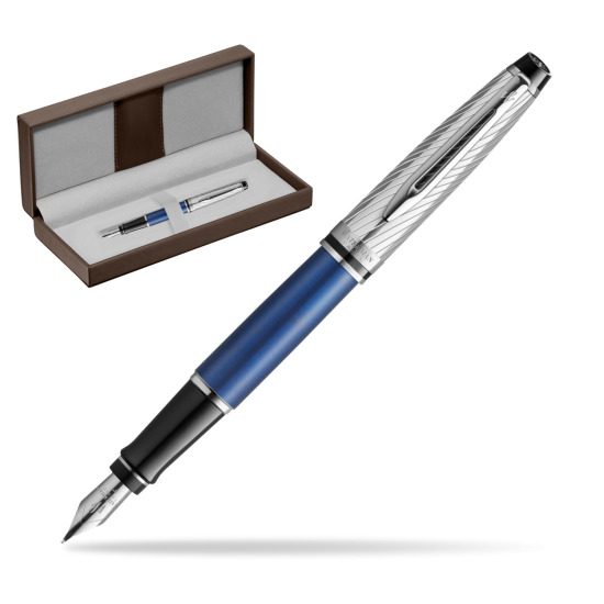 Waterman Expert Deluxe Metalic Blue Fountain Pen in the brown leather box