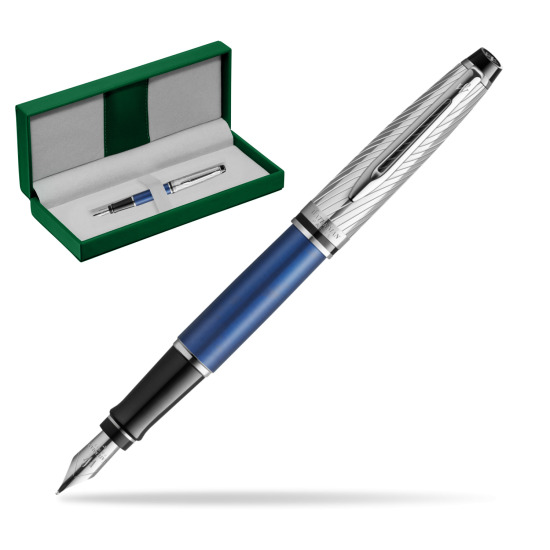 Waterman Expert Deluxe Metalic Blue Fountain Pen in the green leather box