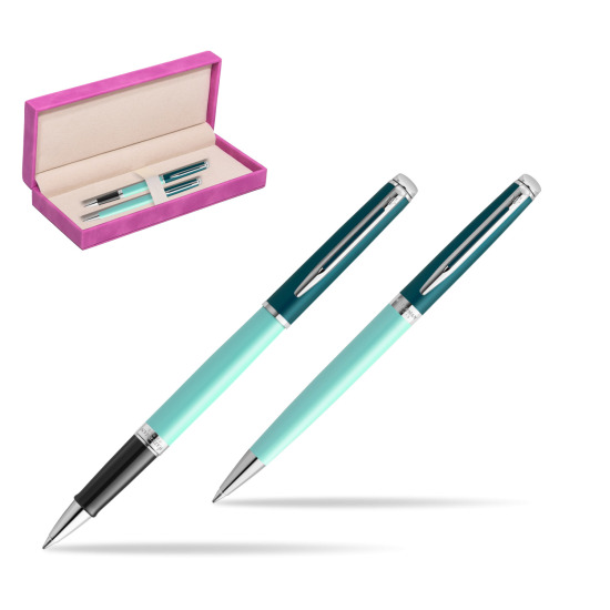 Waterman Rollerball + Ballpoint Pen Gift Set HÉMISPHÈRE COLOR-BLOCK GREEN CT in suede box fuchsia