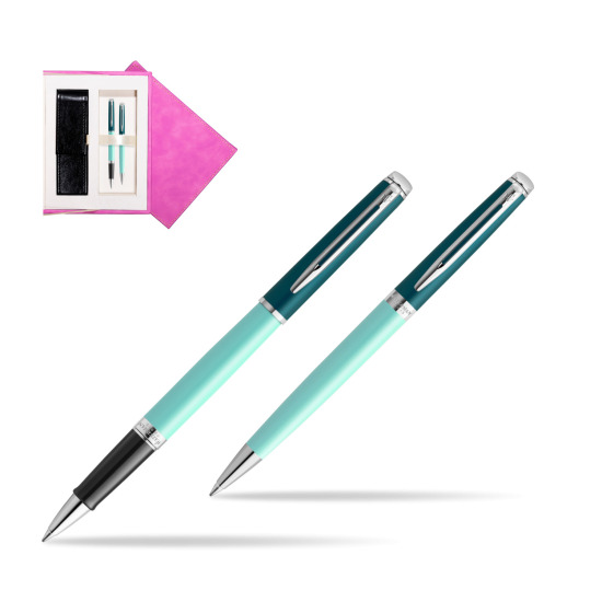 Waterman Rollerball + Ballpoint Pen Gift Set HÉMISPHÈRE COLOR-BLOCK GREEN CT in suede box fuchsia
