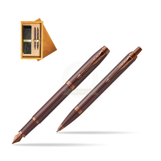 Parker Penna Stilografica + Penna Pen IM PROFESSIONALS MONOCHROME BURGUNDY in double wooden box Honey Double Ecru