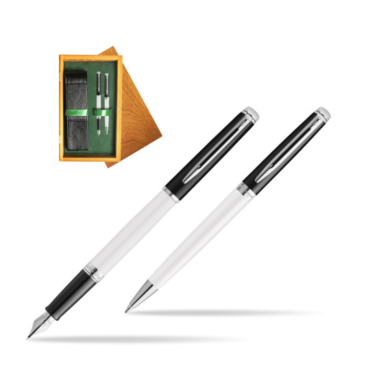 Waterman set Fountain pen + Ballpoint pen HÉMISPHÈRE COLOR-BLOCK BLACK-WHITE in double wooden box Honey Green