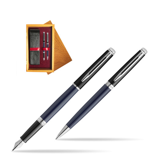 Waterman set Fountain pen + Ballpoint pen HÉMISPHÈRE COLOR-BLOCK BLACK-BLUE in double wooden box Honey Double Maroon