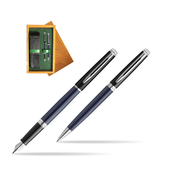 Waterman set Fountain pen + Ballpoint pen HÉMISPHÈRE COLOR-BLOCK BLACK-BLUE in double wooden box Honey Green