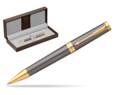 Parker Ingenuity Grey Core GT Ballpoint Pen in the brown leather box