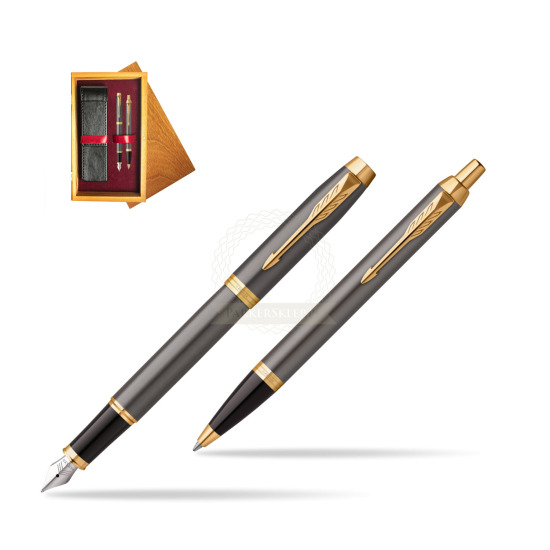 Penna stilografica + penna a sfera IM Grey Core GT Set regalo in double wooden box Honey Double Maroon