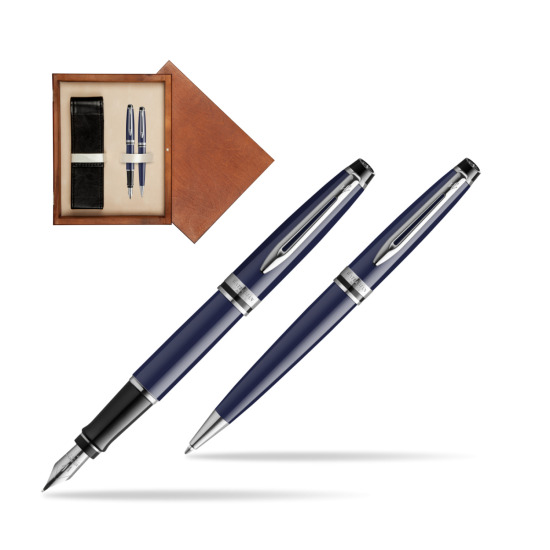 Waterman EXPERT BLUE CORE Fountain pen + Ballpoint pen Gift Set in double wooden box Mahogany Double Ecru