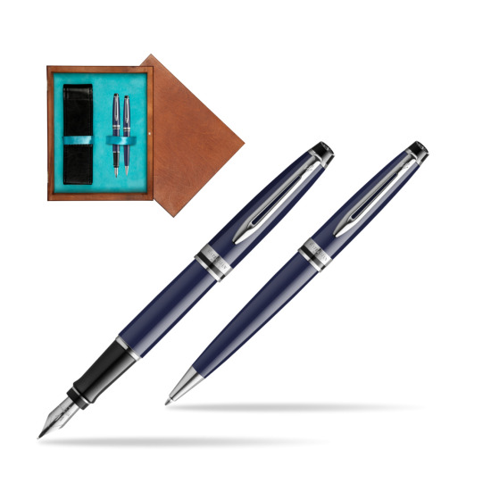 Waterman EXPERT BLUE CORE Fountain pen + Ballpoint pen Gift Set in double wooden box Mahogany Double Turquoise 
