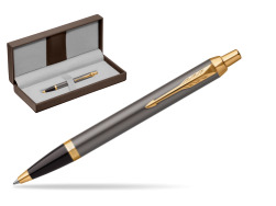 Parker IM Grey Core GT Ballpoint Pen in the brown leather box