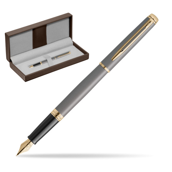 Waterman Hémisphère Stone Grey Metallic GT Penna Stilografica in the brown leather box