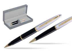 Waterman Carène Deluxe Black GT Penna Stilografica + Waterman Carène Deluxe Black GT Penna a Sfera in suede box grey