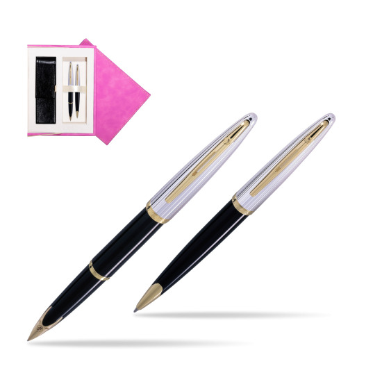 Waterman Carène Deluxe Black GT Penna Stilografica + Waterman Carène Deluxe Black GT Penna a Sfera in suede box fuchsia