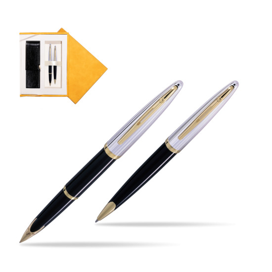 Waterman Carène Deluxe Black GT Penna Stilografica + Waterman Carène Deluxe Black GT Penna a Sfera in suede box yellow