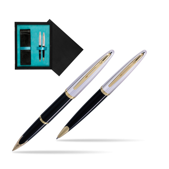 Waterman Carène Deluxe Black GT Penna Stilografica + Waterman Carène Deluxe Black GT Penna a Sfera in double wooden box Black Double Turquoise