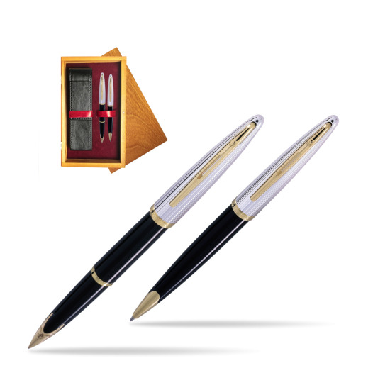 Waterman Carène Deluxe Black GT Penna Stilografica + Waterman Carène Deluxe Black GT Penna a Sfera in double wooden box Honey Double Maroon