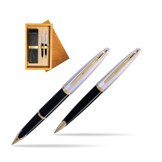 Waterman Carène Deluxe Black GT Penna Stilografica + Waterman Carène Deluxe Black GT Penna a Sfera in double wooden box Honey Double Ecru