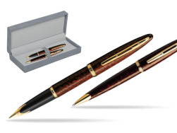 Waterman Carène Marine Amber GT Penna Stilografica + Waterman Carène Marine Amber GT Penna a Sfera in suede box grey