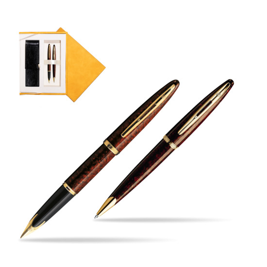Waterman Carène Marine Amber GT Penna Stilografica + Waterman Carène Marine Amber GT Penna a Sfera in suede box yellow