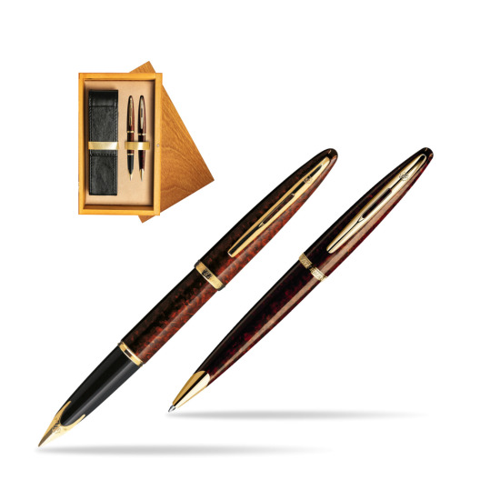 Waterman Carène Marine Amber GT Penna Stilografica + Waterman Carène Marine Amber GT Penna a Sfera in double wooden box Honey Double Ecru