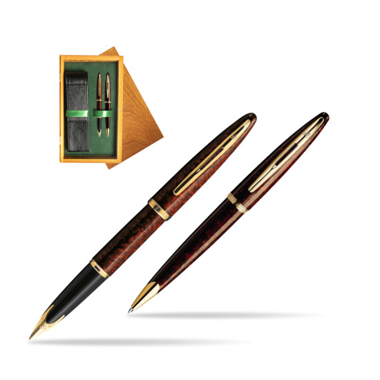 Waterman Carène Marine Amber GT Penna Stilografica + Waterman Carène Marine Amber GT Penna a Sfera in double wooden box Honey Green