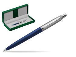 Parker Jotter Navy Blue Ballpoint Pen in the green leather box