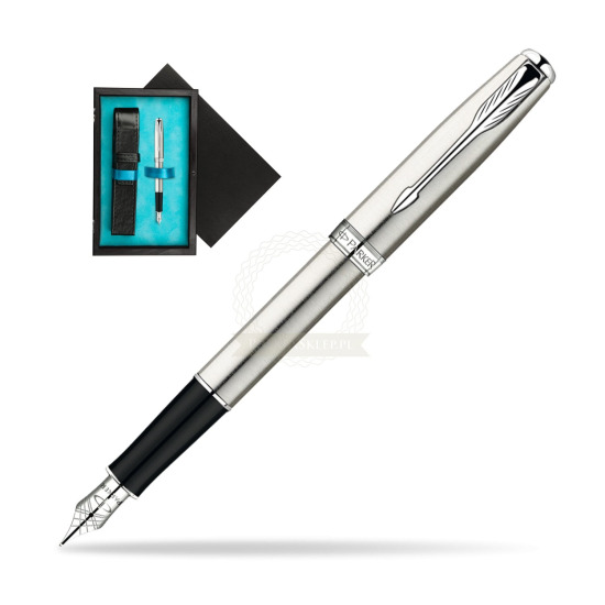 Parker Sonnet Stainless Steel CT Penna Stilografica in single wooden box Black Single Turquoise