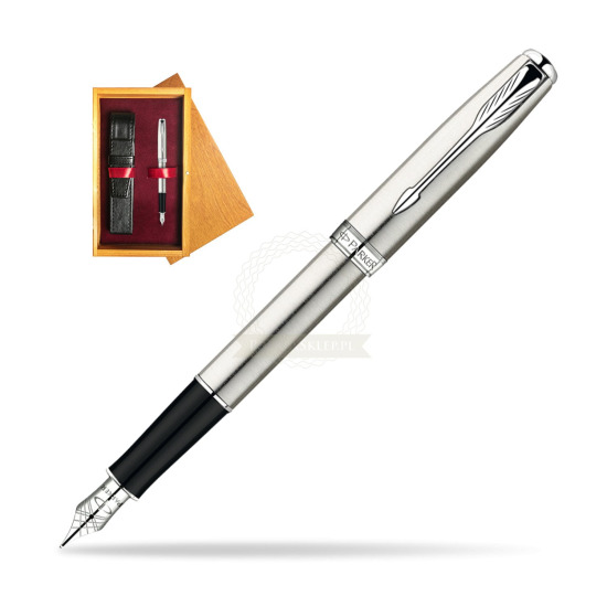 Parker Sonnet Stainless Steel CT Penna Stilografica in single wooden box Honey Single Maroon