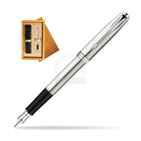 Parker Sonnet Stainless Steel CT Penna Stilografica in single wooden box Honey Single Ecru