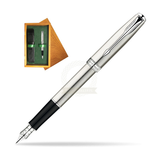 Parker Sonnet Stainless Steel CT Penna Stilografica in single wooden box Honey Single Green