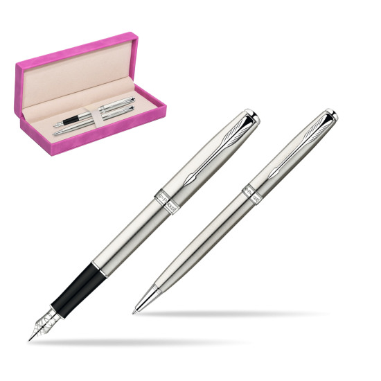 Parker Sonnet Stainless Steel CT Fountain Pen + Parker Sonnet Stainless Steel CT Ballpoint Pen in a Gift Box in suede box fuchsia