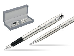Parker Sonnet Stainless Steel CT Fountain Pen + Parker Sonnet Stainless Steel CT Ballpoint Pen in a Gift Box in suede box grey