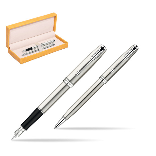 Parker Sonnet Stainless Steel CT Fountain Pen + Parker Sonnet Stainless Steel CT Ballpoint Pen in a Gift Box in suede box yellow