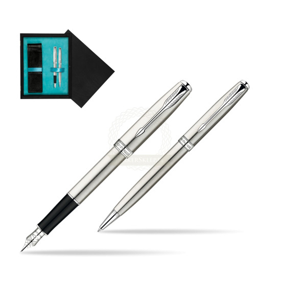 Parker Sonnet Stainless Steel CT Fountain Pen + Parker Sonnet Stainless Steel CT Ballpoint Pen in a Gift Box in double wooden box Black Double Turquoise