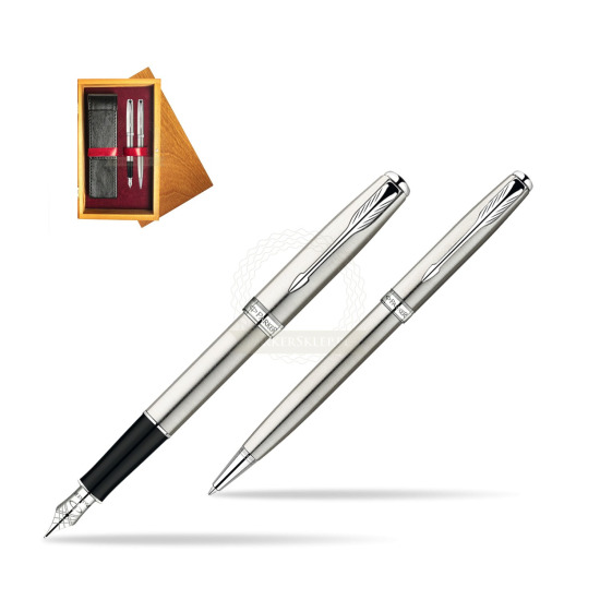 Parker Sonnet Stainless Steel CT Fountain Pen + Parker Sonnet Stainless Steel CT Ballpoint Pen in a Gift Box in double wooden box Honey Double Maroon