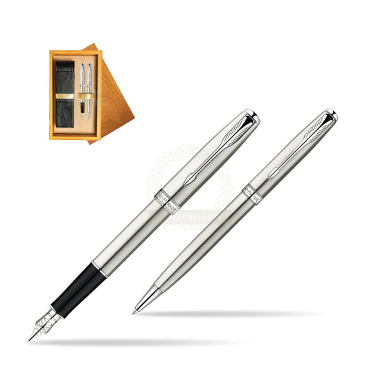 Parker Sonnet Stainless Steel CT Fountain Pen + Parker Sonnet Stainless Steel CT Ballpoint Pen in a Gift Box in double wooden box Honey Double Ecru