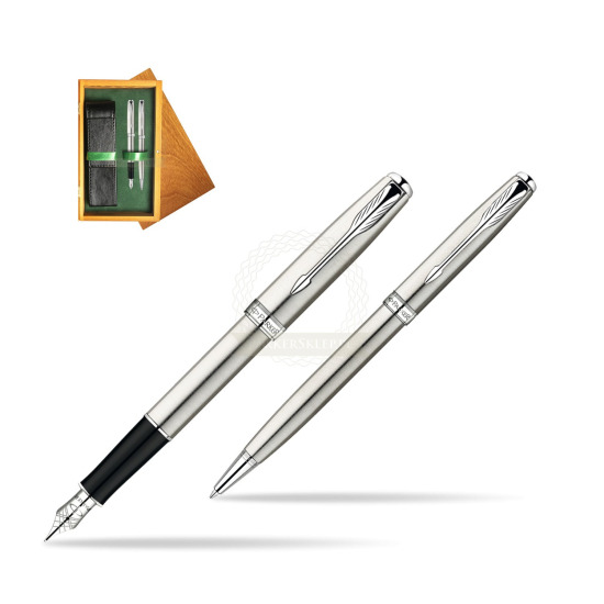 Parker Sonnet Stainless Steel CT Fountain Pen + Parker Sonnet Stainless Steel CT Ballpoint Pen in a Gift Box in double wooden box Honey Green