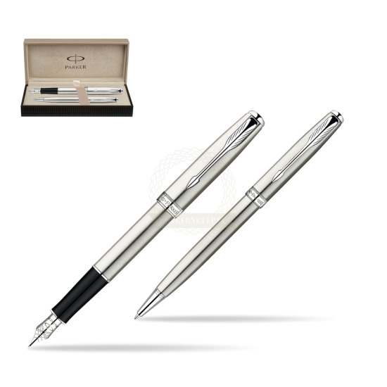 Parker Sonnet Stainless Steel CT Fountain Pen + Parker Sonnet Stainless Steel CT Ballpoint Pen in a Gift Box