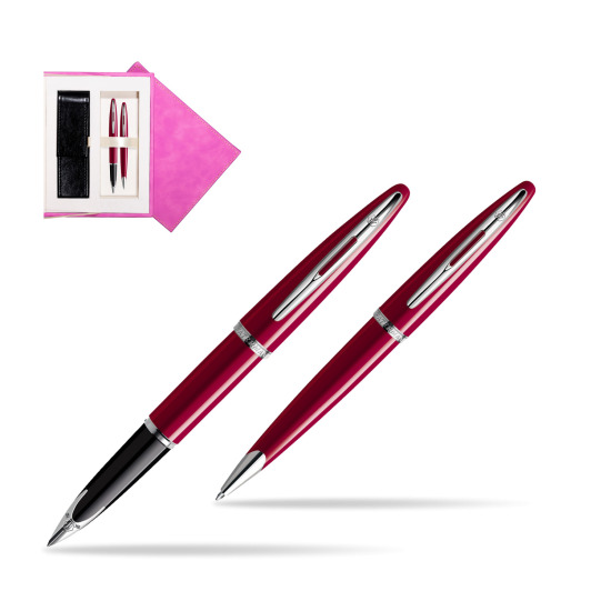 Waterman Carène Glossy Red CT Penna Stilografica + Waterman Carène Glossy Red CT Penna a Sfera in suede box fuchsia