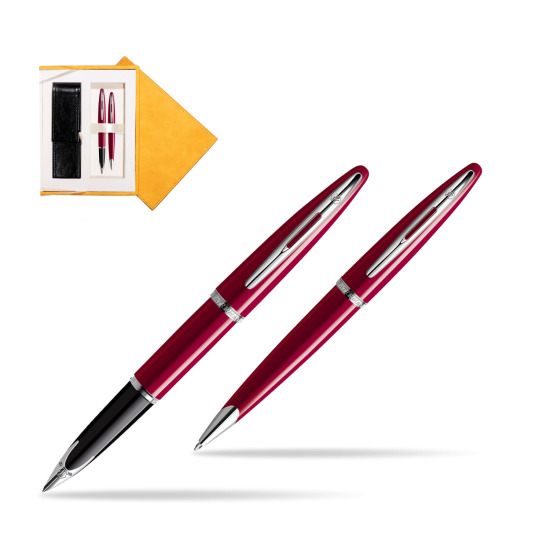 Waterman Carène Glossy Red CT Penna Stilografica + Waterman Carène Glossy Red CT Penna a Sfera in suede box yellow