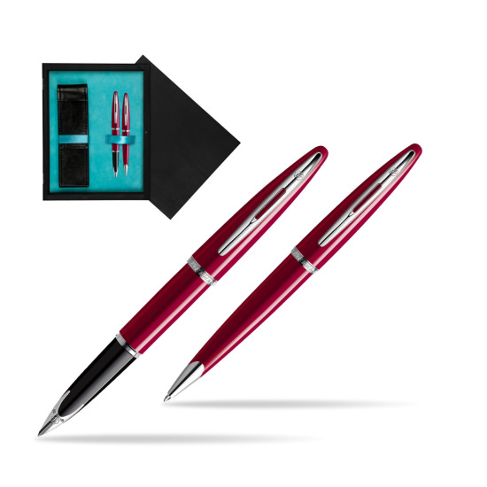 Waterman Carène Glossy Red CT Penna Stilografica + Waterman Carène Glossy Red CT Penna a Sfera in double wooden box Black Double Turquoise