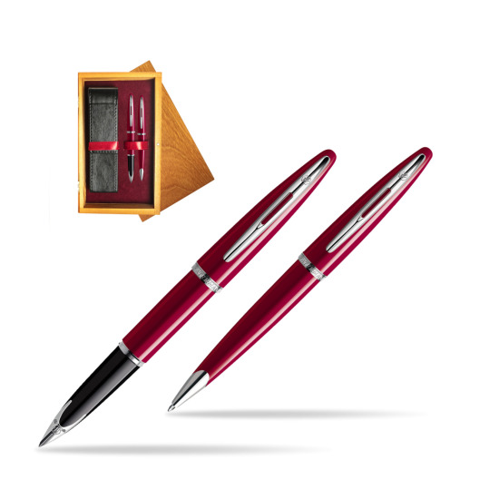 Waterman Carène Glossy Red CT Penna Stilografica + Waterman Carène Glossy Red CT Penna a Sfera in double wooden box Honey Double Maroon