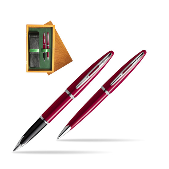 Waterman Carène Glossy Red CT Penna Stilografica + Waterman Carène Glossy Red CT Penna a Sfera in double wooden box Honey Green