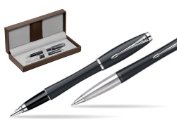 Parker Urban Classic Muted Black Lacquer CT Penna Stilografica + Parker Urban Classic Muted Black Lacquer CT Penna a Sfera Set regalo in the brown leather box