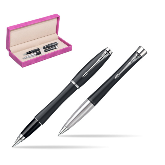 Parker Urban Classic Muted Black Lacquer CT Fountain Pen + Parker Urban Classic Muted Black Lacquer CT Ballpoint Pen in a Gift Box in suede box fuchsia