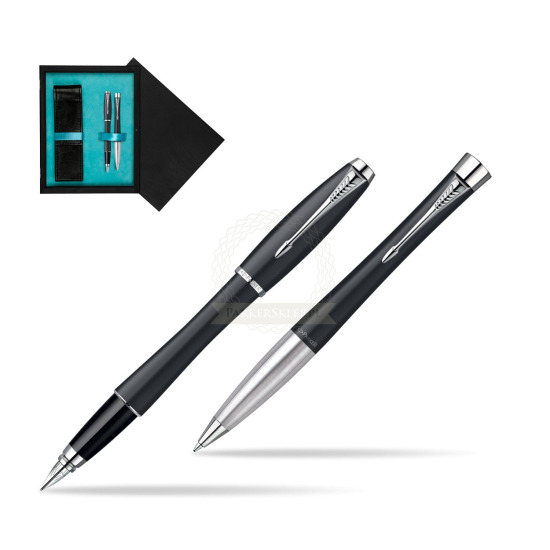 Parker Urban Classic Muted Black Lacquer CT Fountain Pen + Parker Urban Classic Muted Black Lacquer CT Ballpoint Pen in a Gift Box in double wooden box Black Double Turquoise