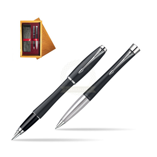 Parker Urban Classic Muted Black Lacquer CT Fountain Pen + Parker Urban Classic Muted Black Lacquer CT Ballpoint Pen in a Gift Box in double wooden box Honey Double Maroon